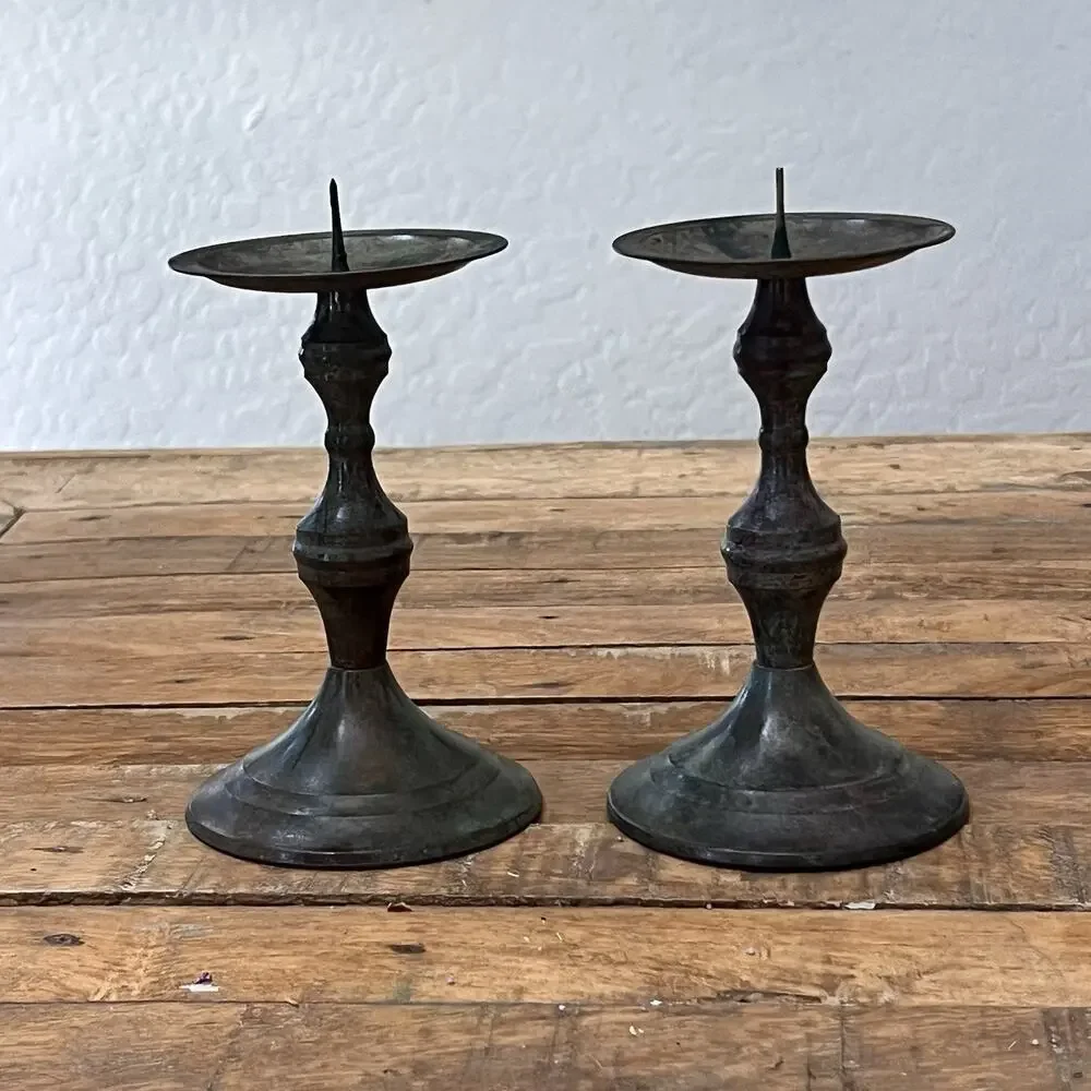 Vintage Brass Pillar Candle Holders Set of 2 Turned Stem Design